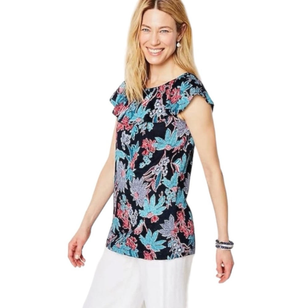 J Jill Sarasa Wide Leg Crop Pant + Ruffle Linen Top Tropical Print Co-or… - Picture 2 of 16